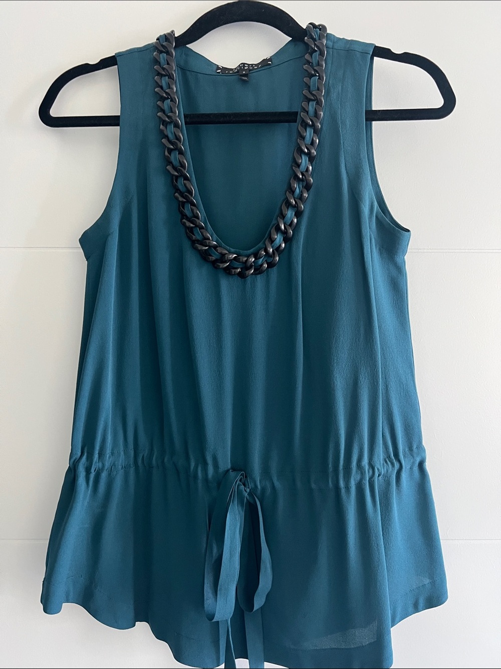 Teal Sleeveless tie waist peplum silk top Robert Rodriguez sz 2 chain neckline